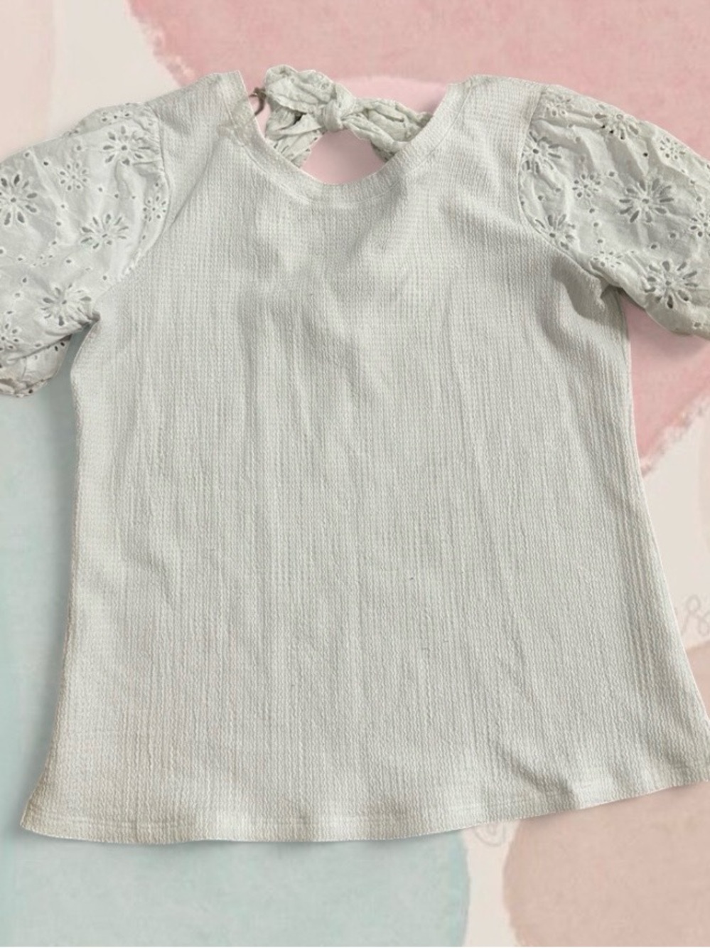 kathy ireland White Eyelet Puff Sleeve Knit Top with Back Tie